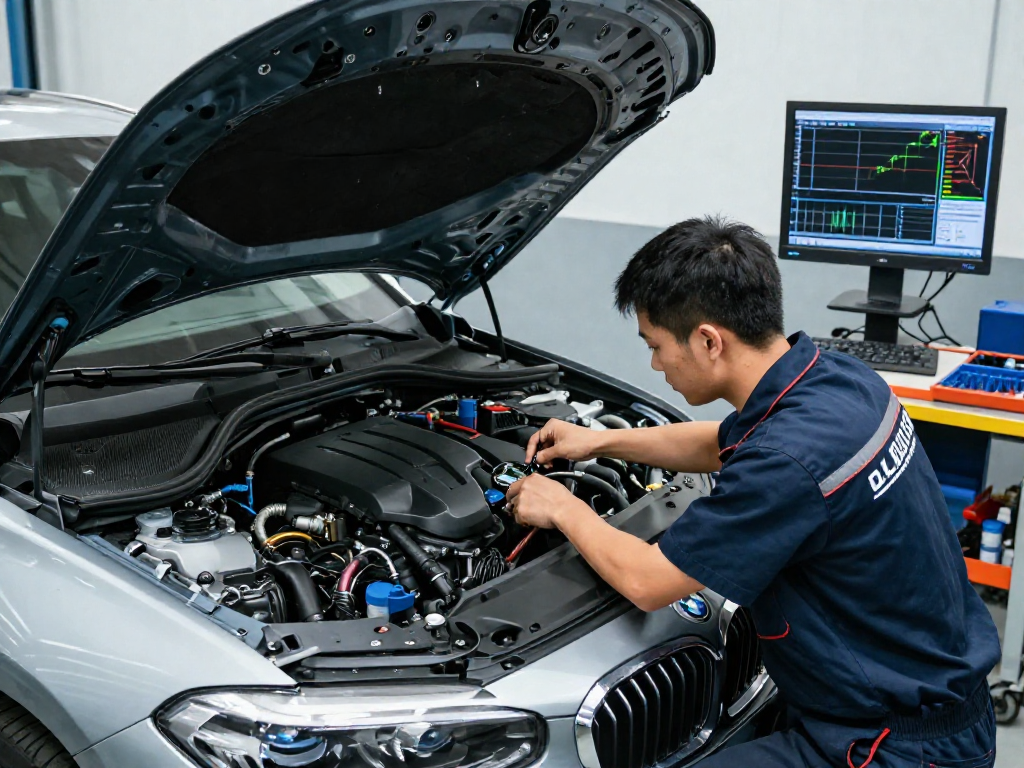 Chiptuning Hannover: Mechaniker installiert Chiptuning-Modul in BMW in moderner Werkstatt.