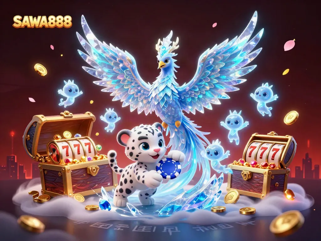 Experience thrilling gameplay on SAWA888 as a vibrant ice phoenix and playful snow leopard highlight a mesmerizing casino adventure.