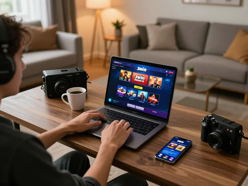 Player engaging with 3win online casino games on a laptop, showcasing a cozy gaming setup.