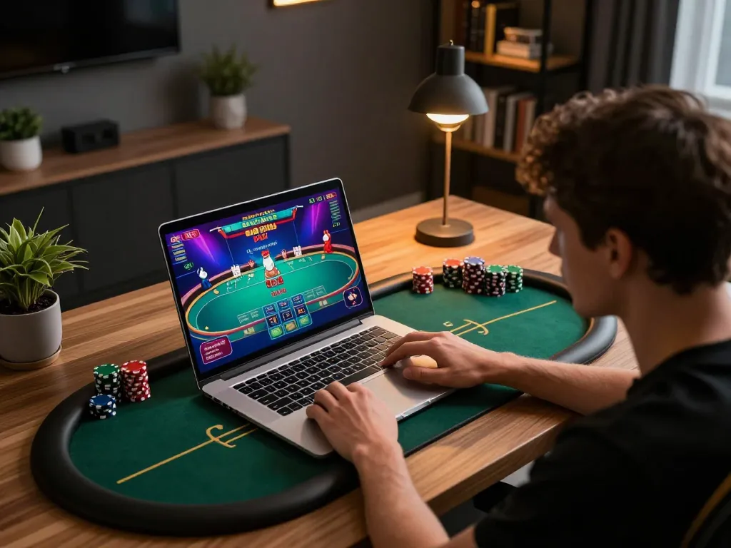 Player strategizing in an online poker game at home using the Go8 platform.