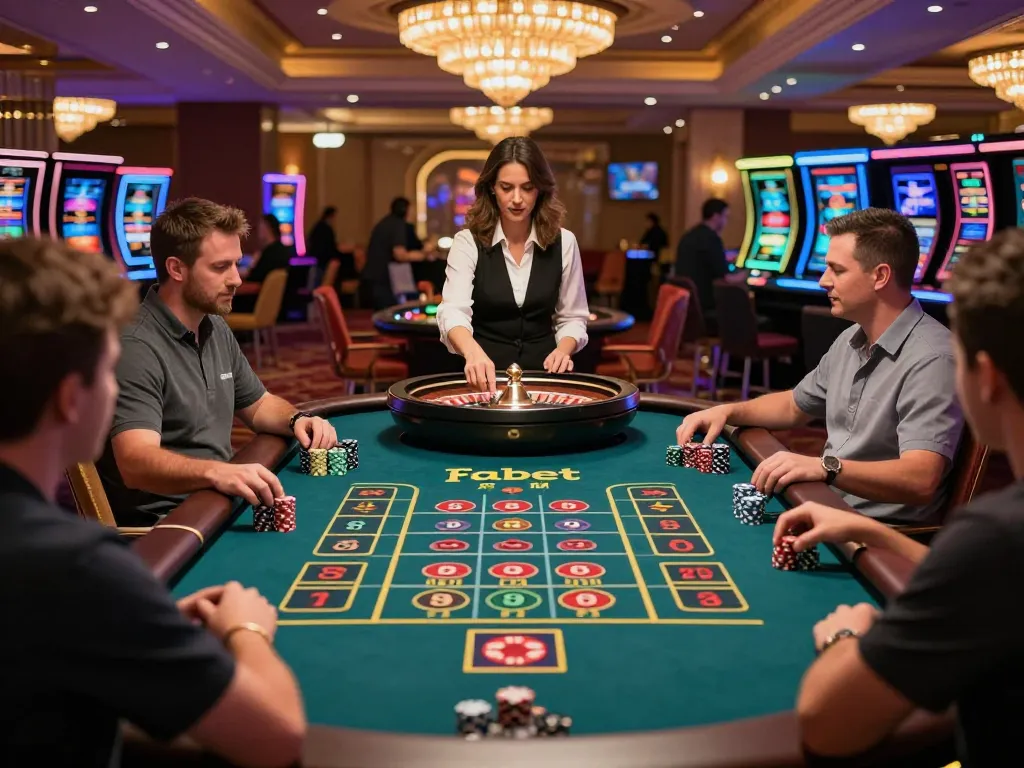 Players at Fabet engage thrillingly with a roulette table, enhancing their gaming experience.