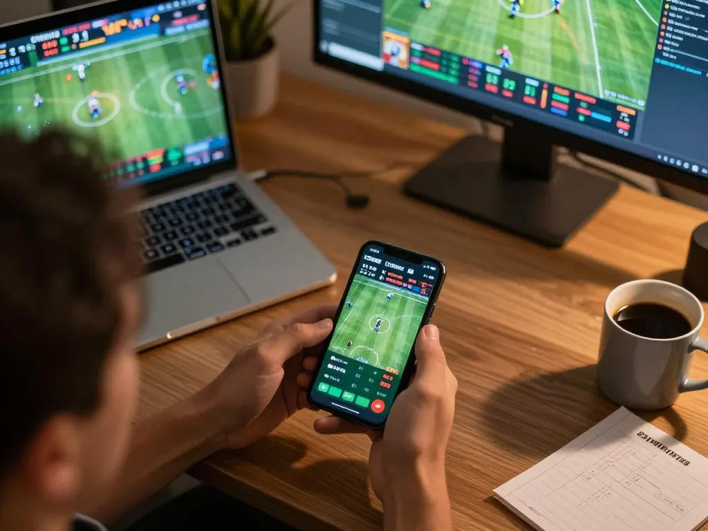 Engaging in sports betting on the Trang chủ F8bet app in a cozy home setup.
