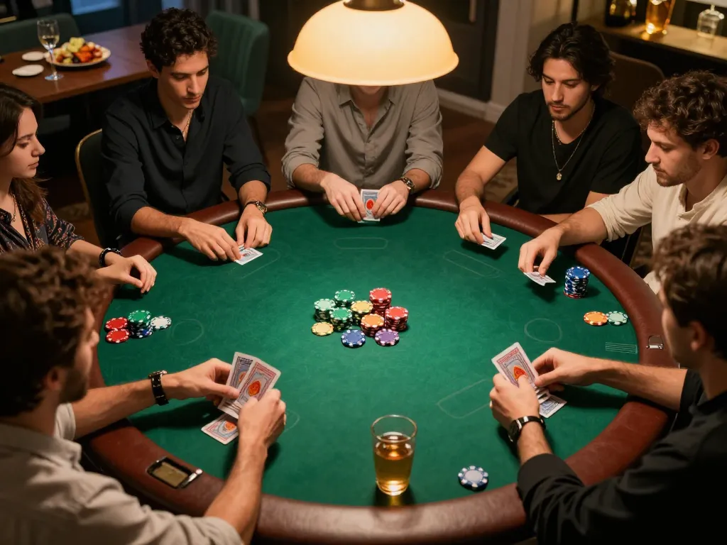 GO88 players enjoying a lively poker game with chips and drinks at a warm home gathering.