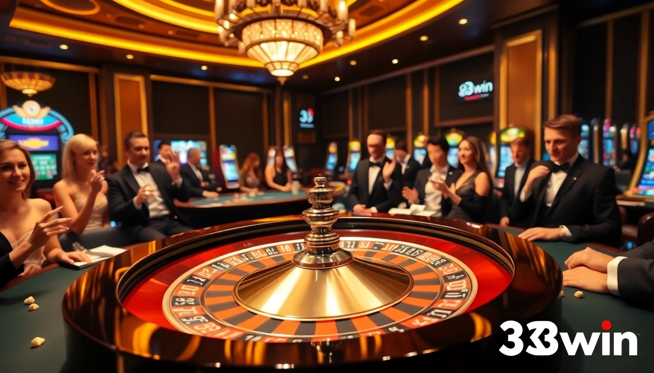 Players enjoying a thrilling roulette game at 33win casino, surrounded by vibrant betting chips and excitement.