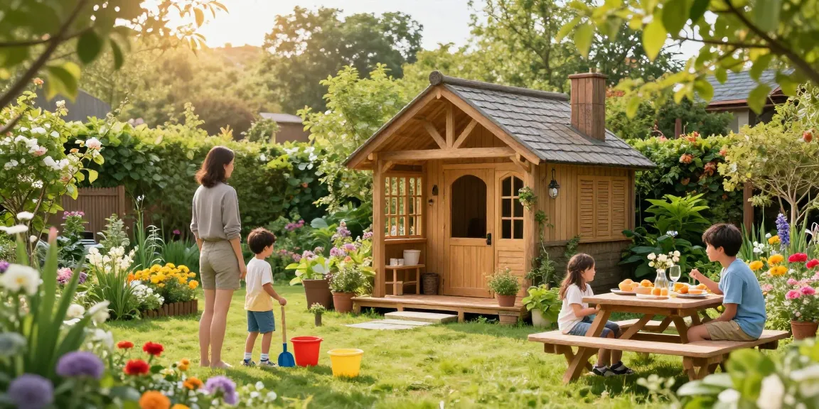 Gartenhäuser in harmonischer Umgebung mit spielenden Kindern und einem einladenden Garten.