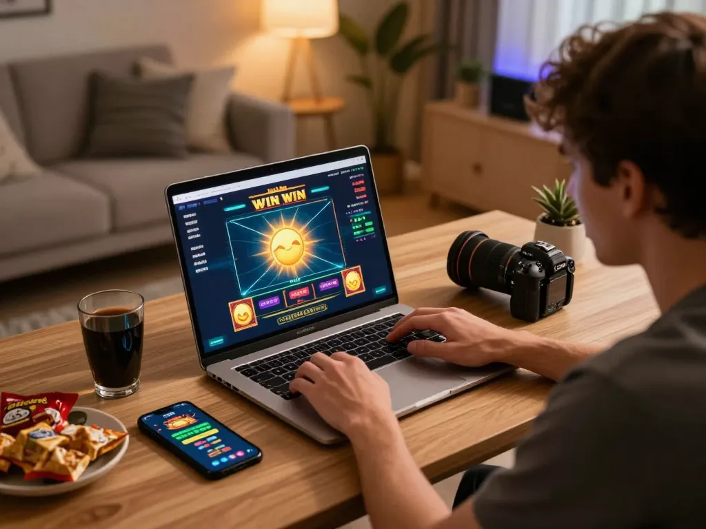 Engaging in the sun win online casino game with a laptop setup and smartphone notifications