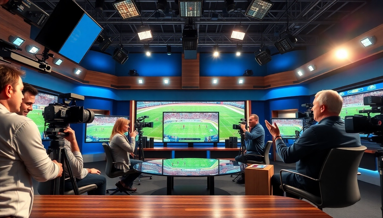 Engaging hosts in a professional sports broadcasting studio, showcasing dynamic discussions.