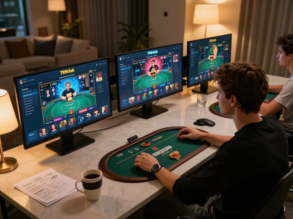 Player analyzing poker strategies on 789club interface during a home gaming session.