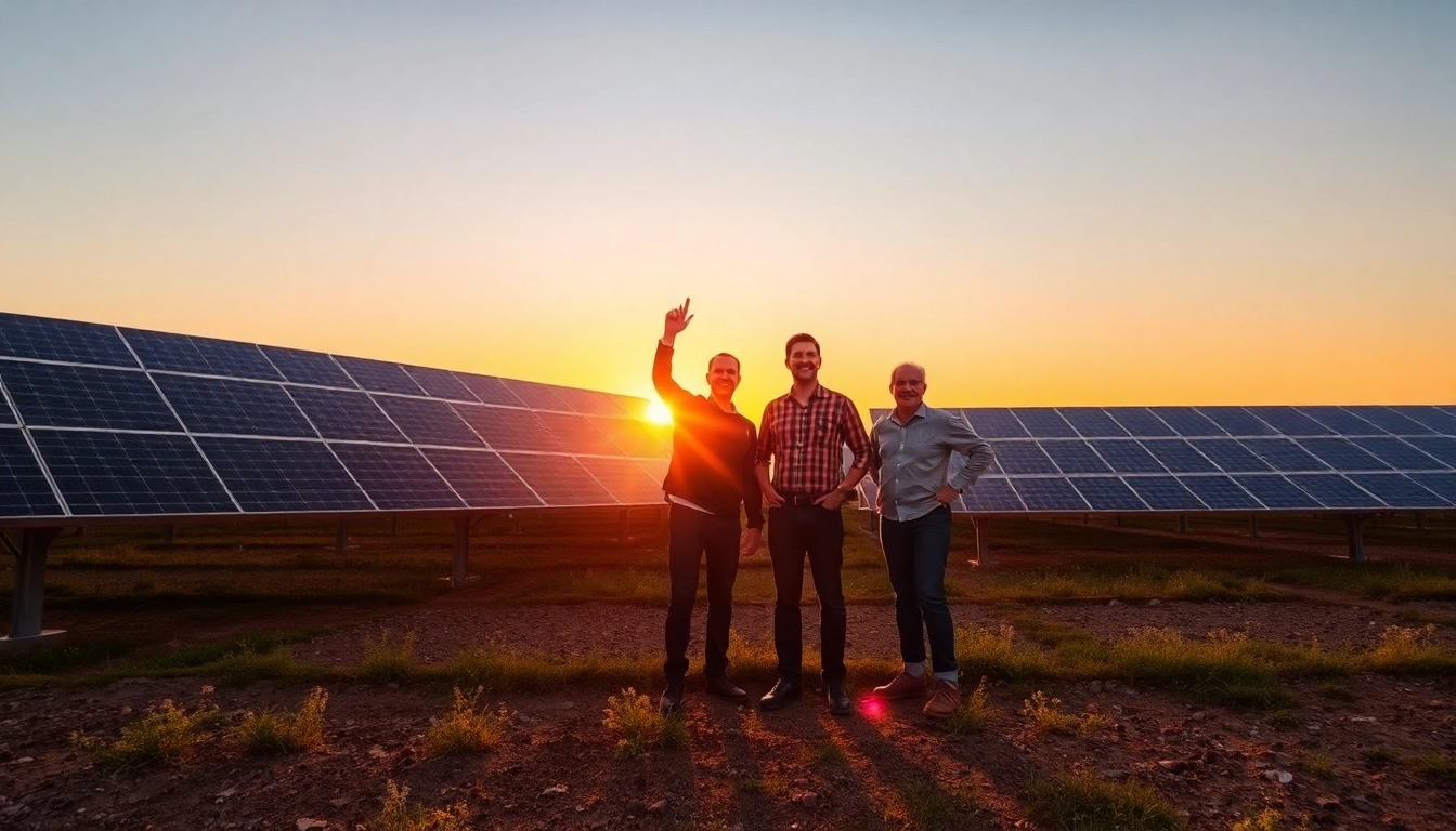 Visualisieren Sie ein erfolgreiches Photovoltaik Investment mit Menschen, die einen Solarpark feiern, umgeben von Sonnenlicht.
