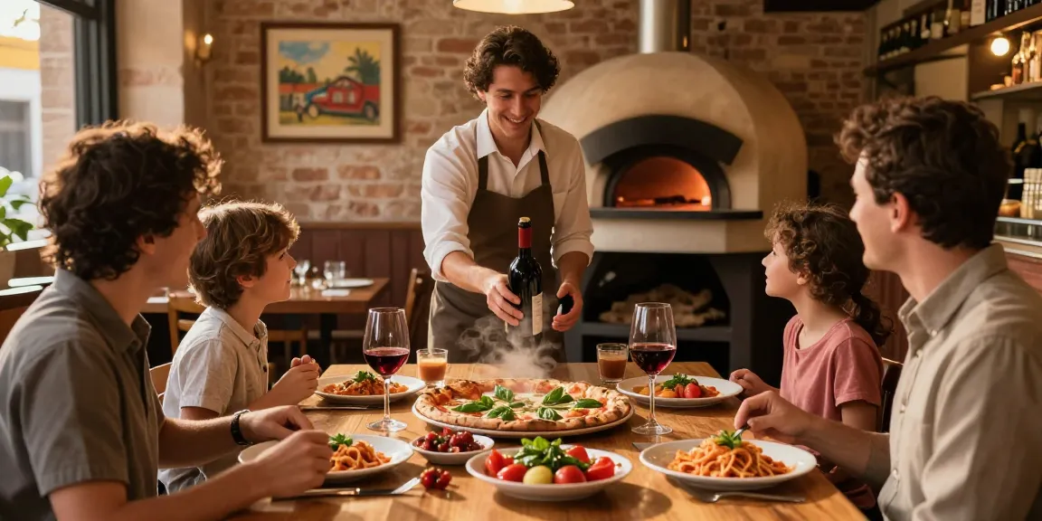 Family enjoying pg soft Italian dining experience with pizzas and antipasti in cozy pizzeria.