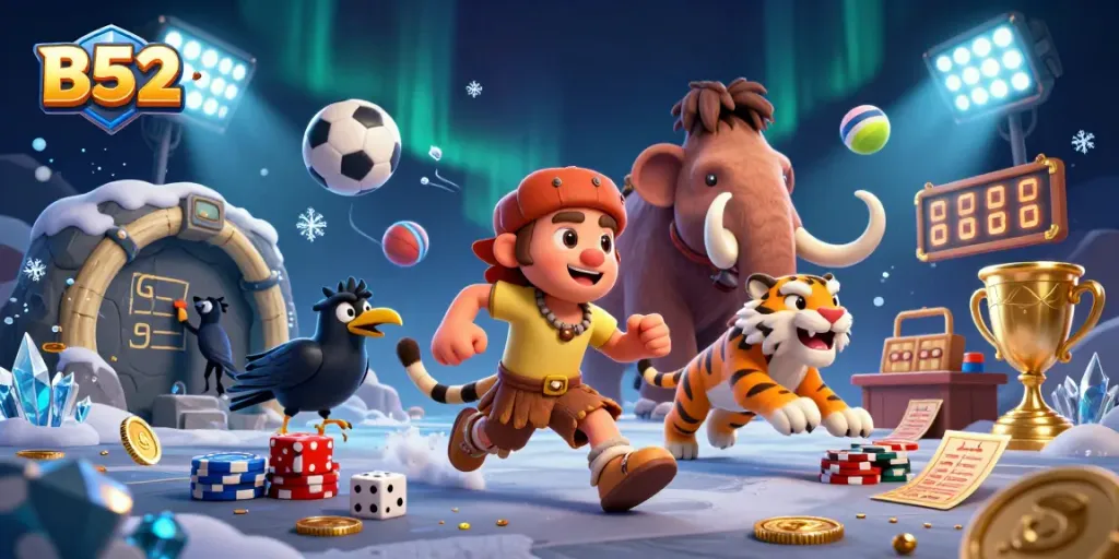 B52 gamblers enjoy a lively prehistoric casino scene with sports balls and golden trophies