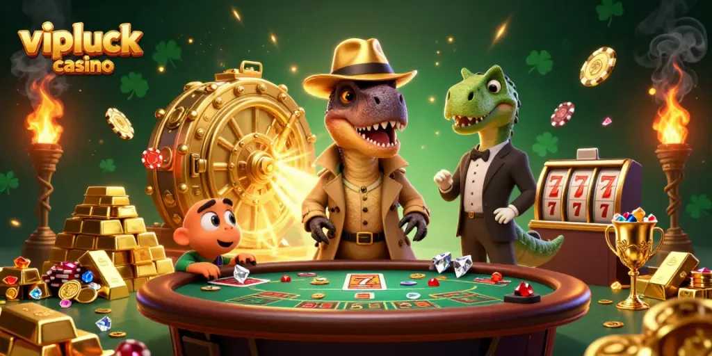 Experience thrilling games at vipluck casino with a suspenseful scene of a velociraptor card counter in action.