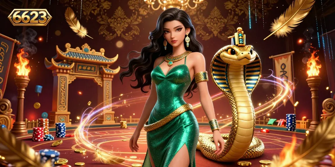 Engage in thrilling bets at 6623, featuring dazzling casino elements like golden coins and vibrant games.