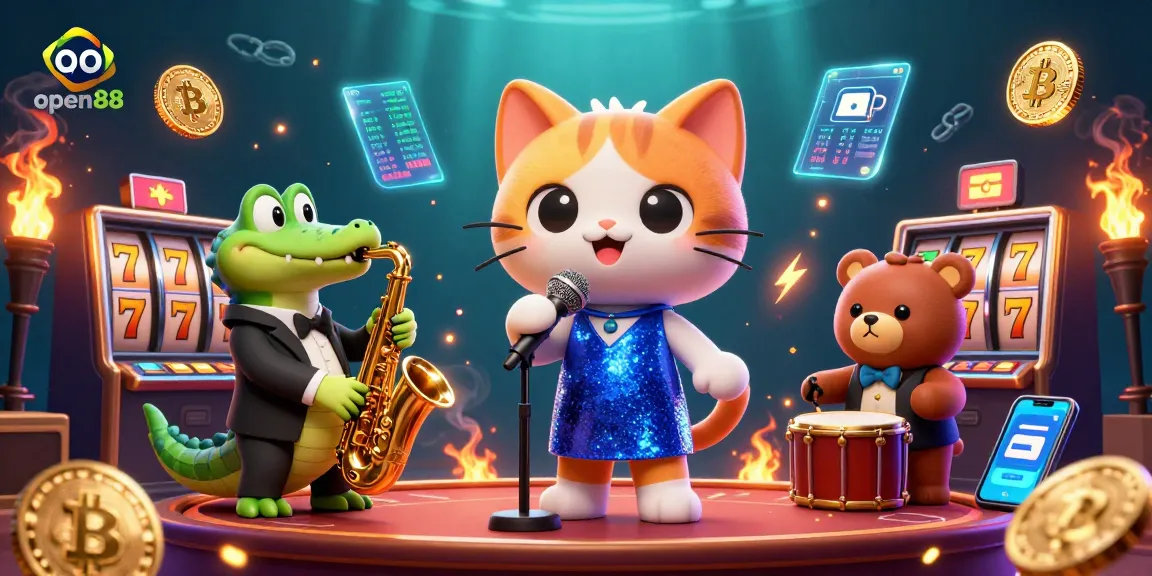 Experience the thrill of open88 at a vibrant casino with a singing cat, crocodile, and bear cub.