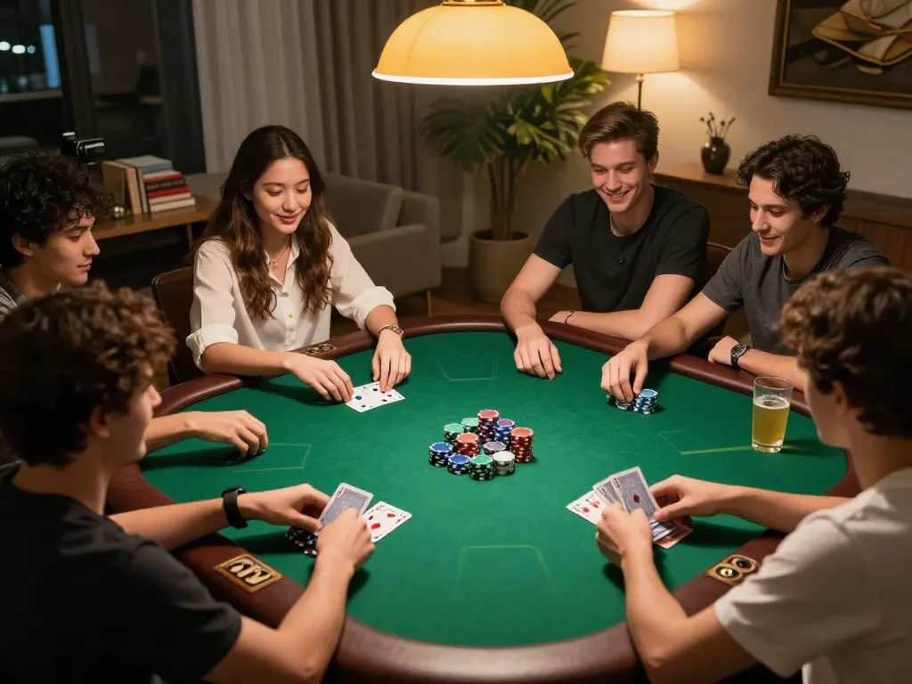 Friends enjoying poker night at home with OK9, vibrant scene showcasing strategic gameplay