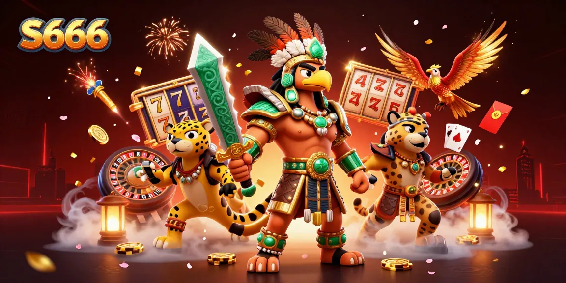 S666 engages players with an exhilarating casino scene featuring a cartoon Aztec warrior eagle and dynamic gaming elements.