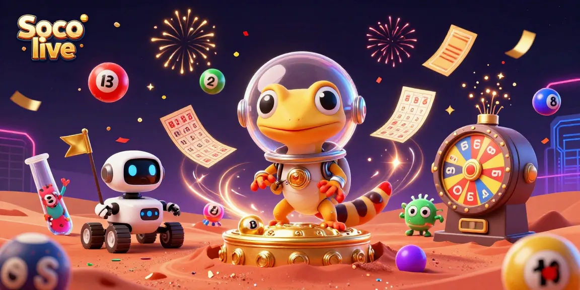 Experience Soco live with a vibrant gaming scene featuring a Martian gecko, dynamic lottery elements, and casino excitement.