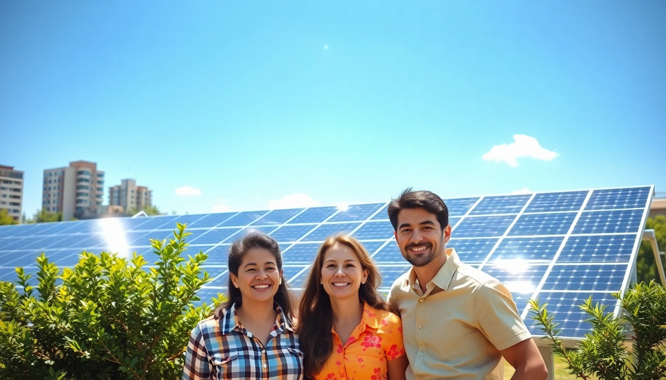 Erreiche Photovoltaik Leads mit einer glücklichen Familie, die eine Solaranlage in einem städtischen Kontext betrachtet.