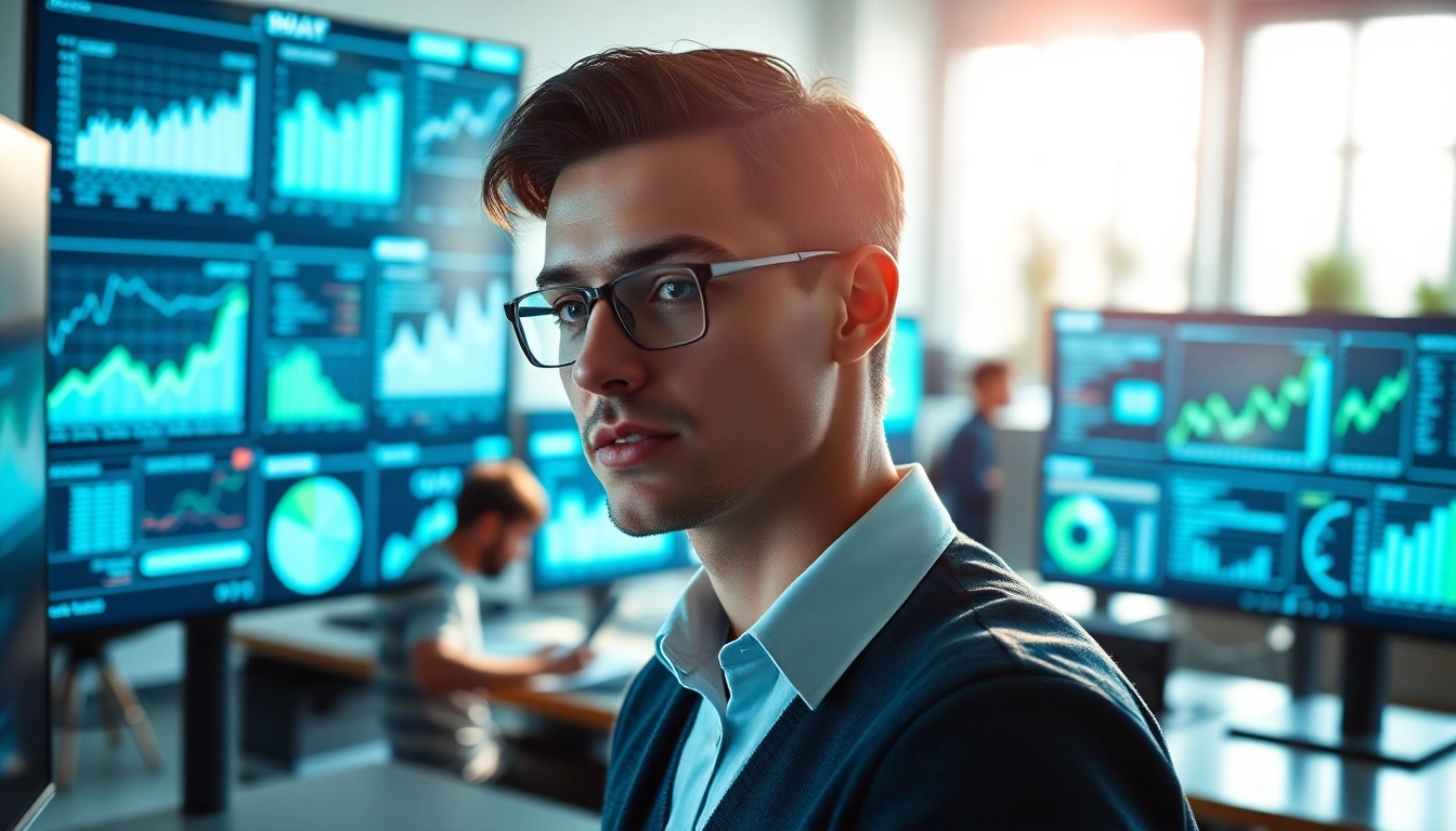 Analyse von Internet Trends in einem modernen Büro mit Grafiken und Datenvisualisierungen.