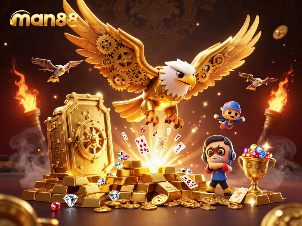 Experience thrilling wins with man88 in a vibrant 3D casino illustration featuring eagle and treasures.