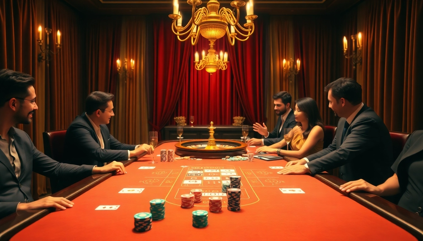 Játékosok izgatottan játszanak az online casino asztalnál, színes zsetonokkal.