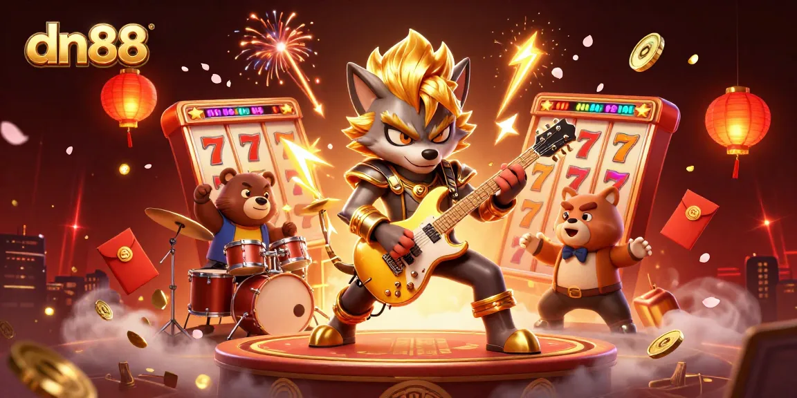Experience the excitement of dn88 with a 3D rock star wolf and lively casino elements.