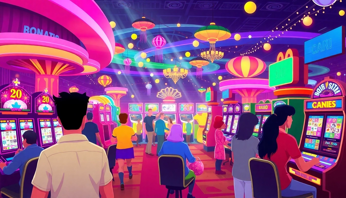Casino ohne Oasis: Exciting gaming atmosphere with diverse players enjoying slots and festive lights.