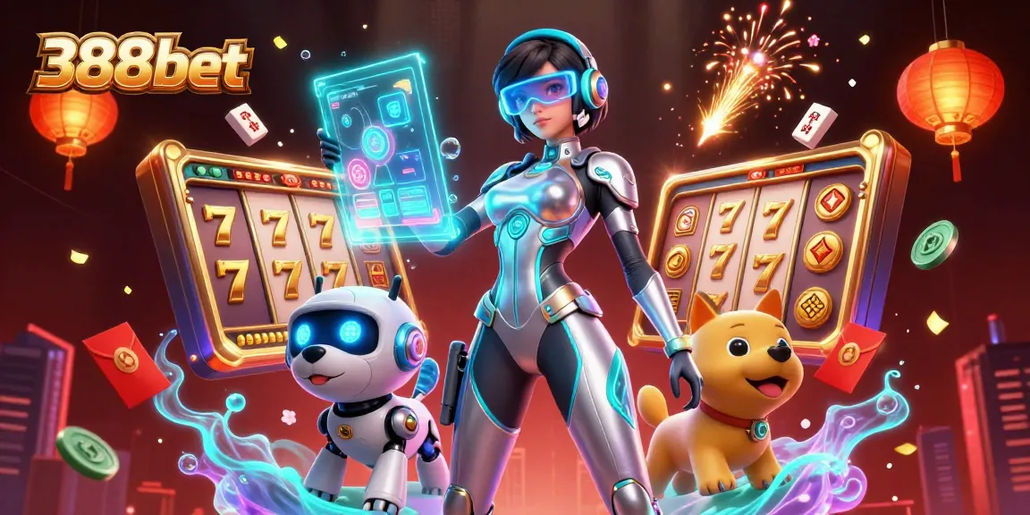 Play exciting slot games at 388bet featuring a neon-lit futuristic woman and robot in a vibrant casino scene.
