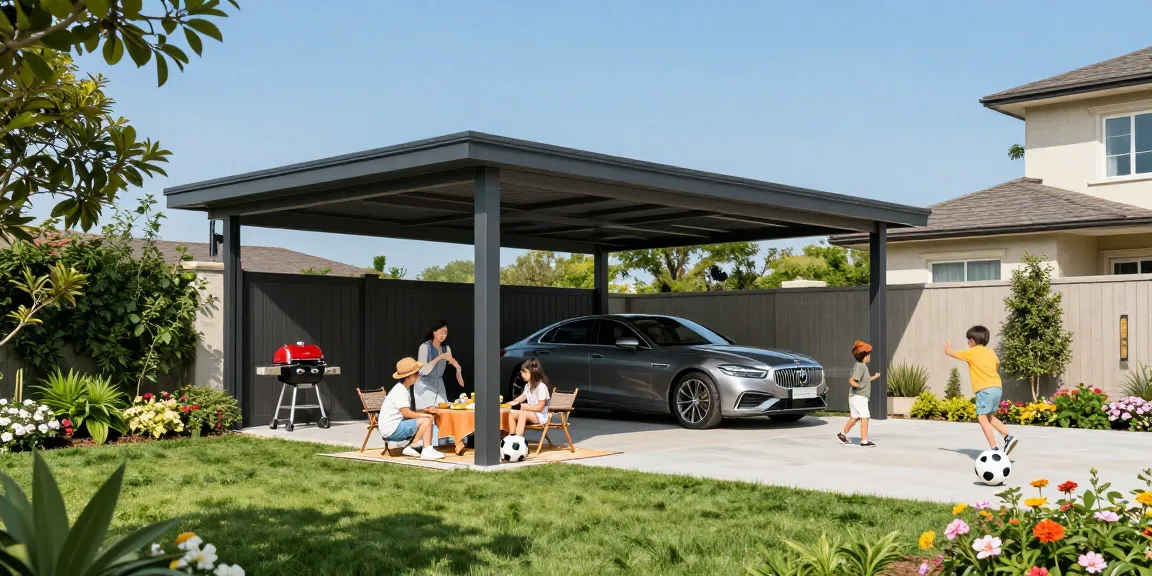 Ein stilvoller Carport im Garten mit einer Familie, die ein Picknick genießt.