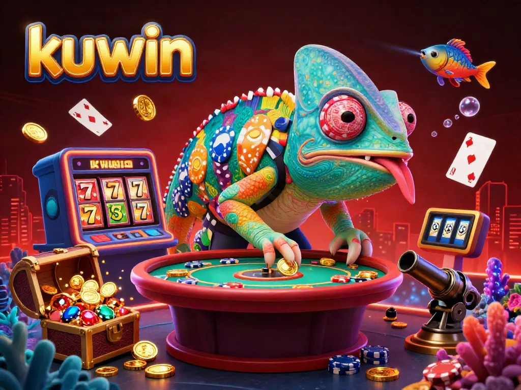 Kuwin's chameleon casino owner grabs golden coins amidst vibrant slot reels and underwater treasures.