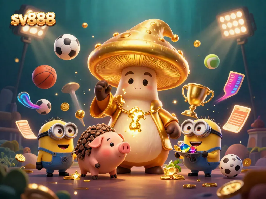 Experience the magic of sv888 with a vibrant 3D scene featuring characters surrounded by golden treasures and dynamic sports elements.