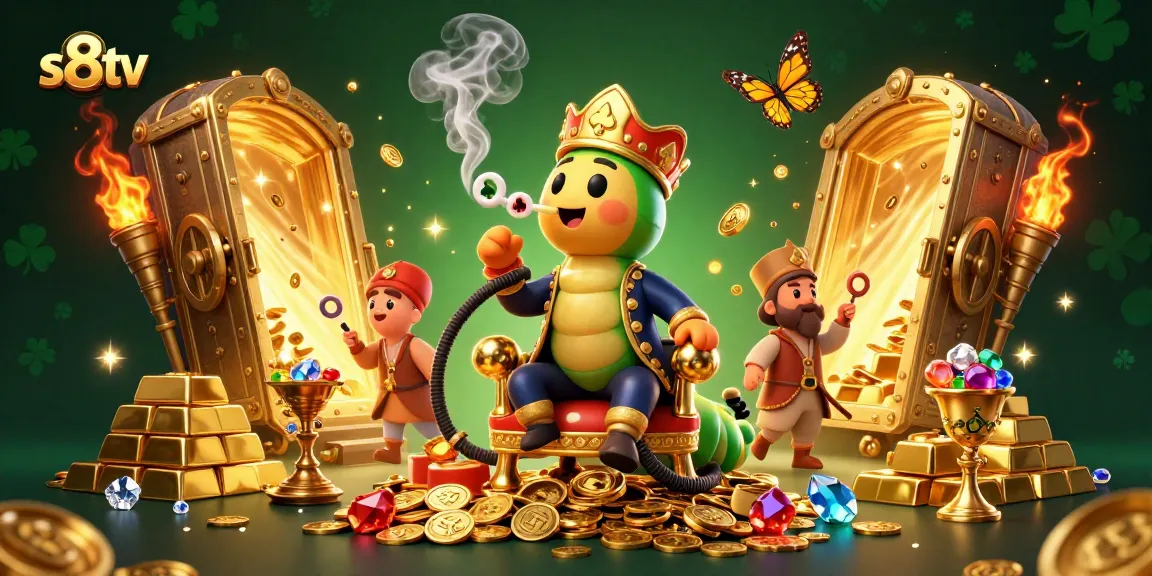 S8TV features a lively 3D scene showcasing a casino-themed caterpillar character in vibrant colors blowing poker symbols.
