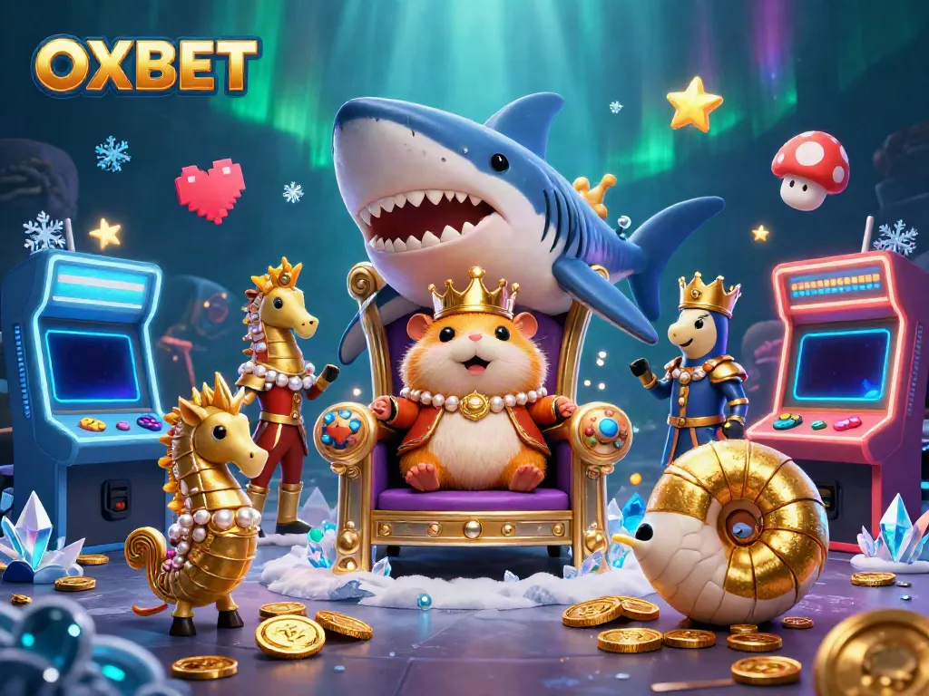 Experience the thrill of OXBET with a 3D cartoon scene featuring a hamster king on a shark throne, casino themes, and vibrant gaming elements.
