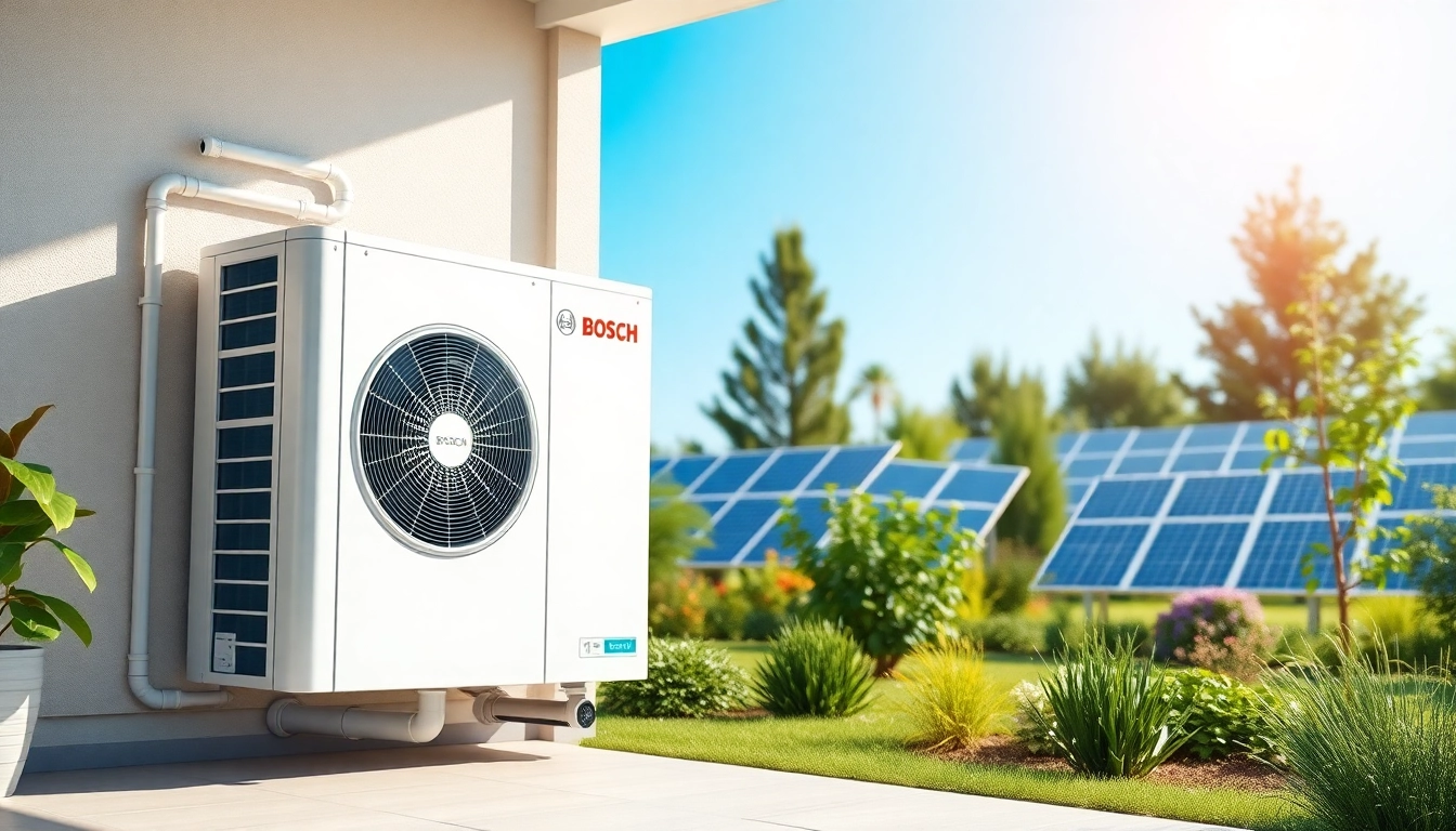 Wärmepumpe Bosch in einem modernen Garten, das innovative Energiesystem präsentiert