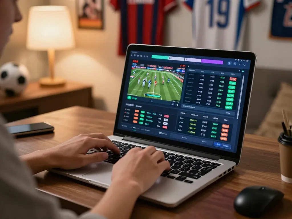Kuwin1 online sports betting scene with engaging laptop interaction and live game statistics