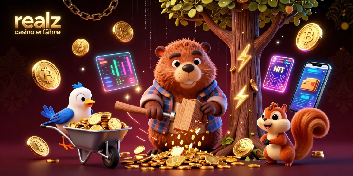 Realz Casino Erfahrungen: Spieler gewinnen goldene Münzen in einem lebhaften Casino-Szenario