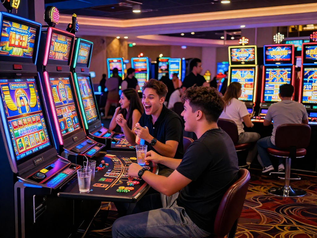 Friends enjoying the rokok88 slot machine in a vibrant casino atmosphere.