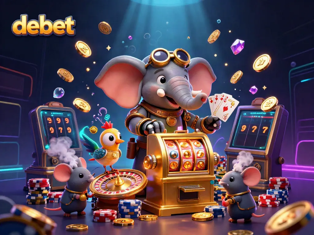Experience exciting gaming with debet in a vibrant 3D casino scene filled with golden coins and a captivating slot machine.