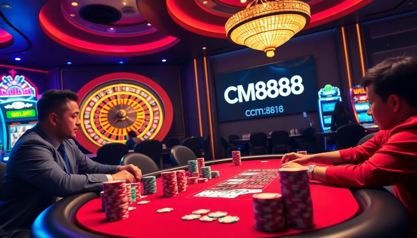 Players engaging in intense poker action at a casino table showcasing CM8888 technology.