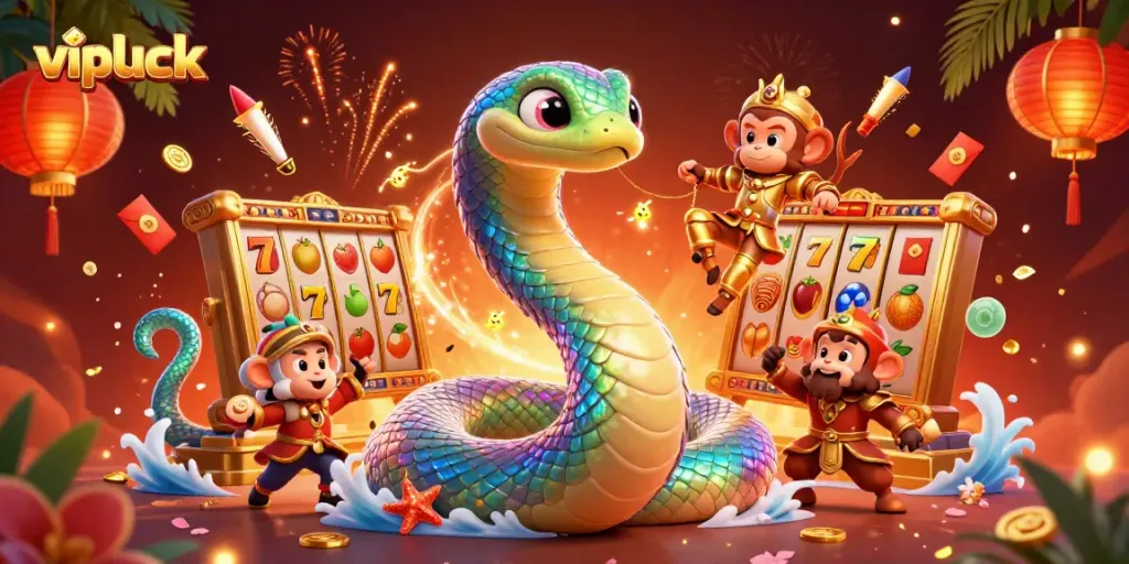 Engage with vipluck's vibrant world of slots, showcasing a playful monkey king and an iridescent serpent.
