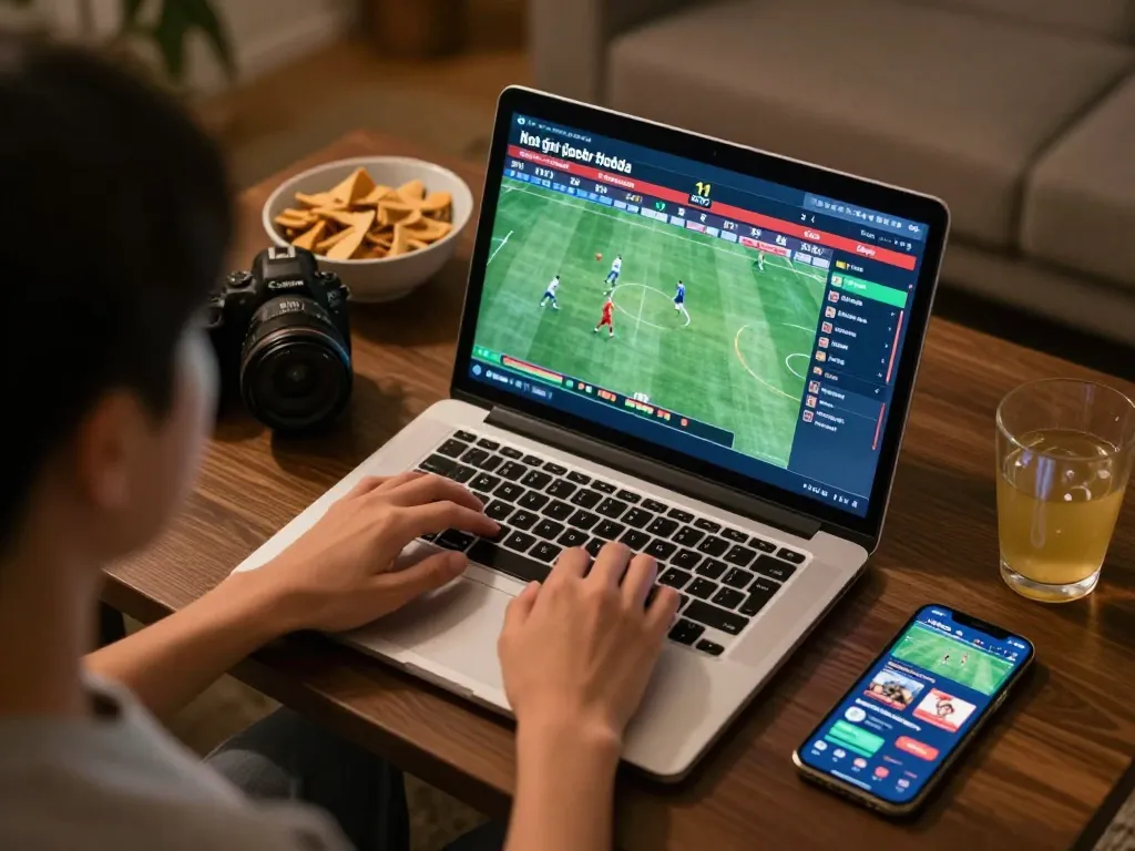 Engaging in Kết quả bóng đá while placing live sports bets at home with laptop and snacks