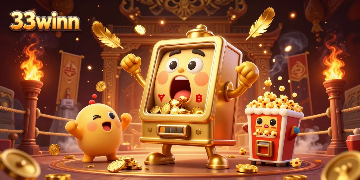 33winn shines as the golden slot machine hits a jackpot, coins cascading joyfully.