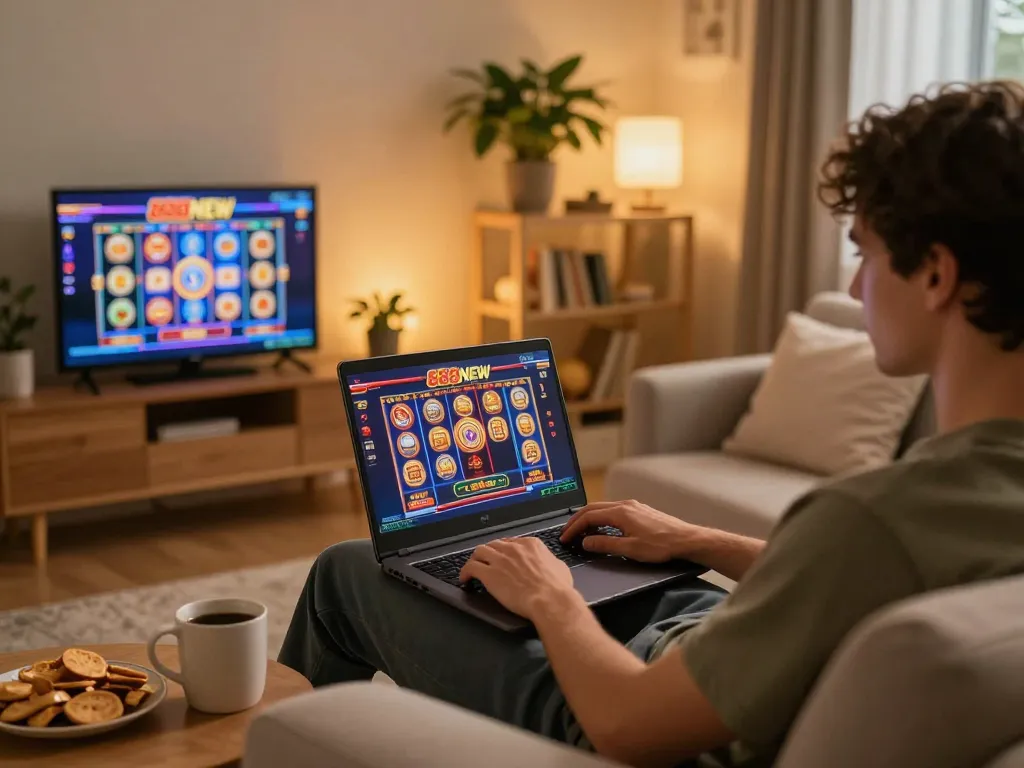 Engaging in online casino gameplay at 888NEW on a laptop, featuring a cozy home environment.