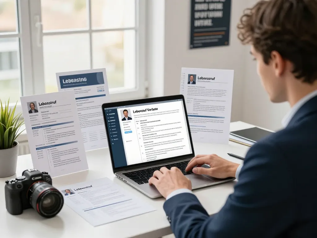 Person, die Lebenslauf Vorlagen in einem modernen Büro für eine professionelle Stellenbewerbung verwendet.
