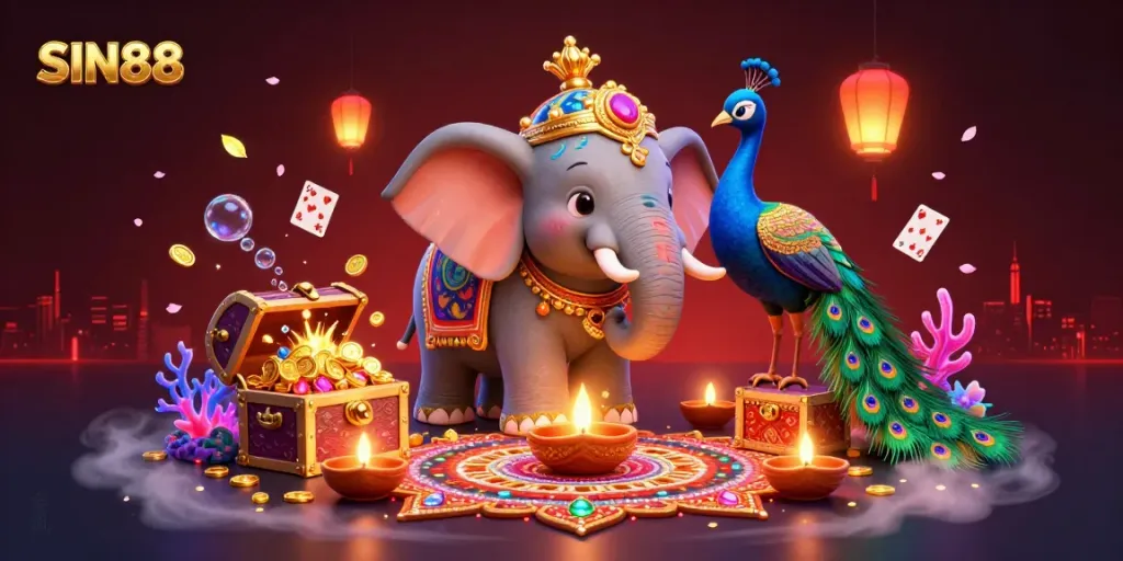 SIN88 showcases a vibrant 3D Diwali-themed elephant and peacock in a bustling casino scene, surrounded by floating gems and cards.