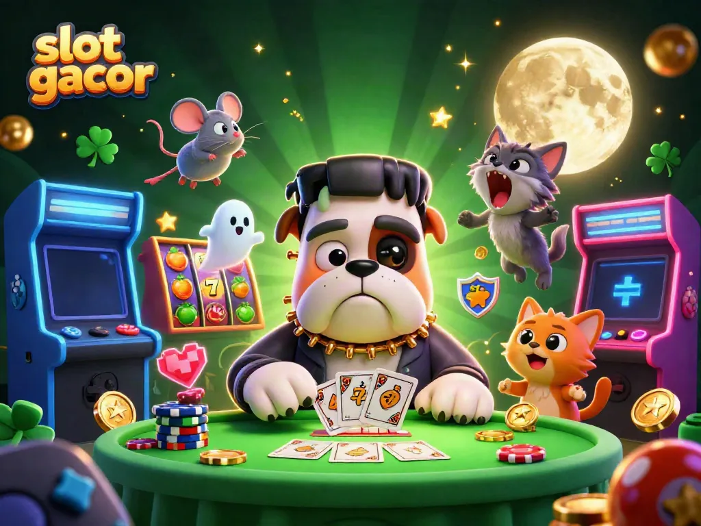 Engaging slot gacor scene with cartoon characters, slot reels, and colorful casino elements.
