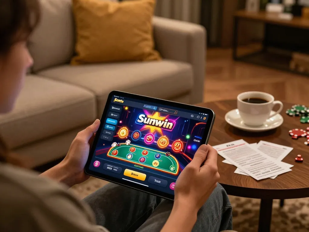 Engaged player enjoying Sunwin app on tablet, surrounded by strategic notes and cozy ambiance.