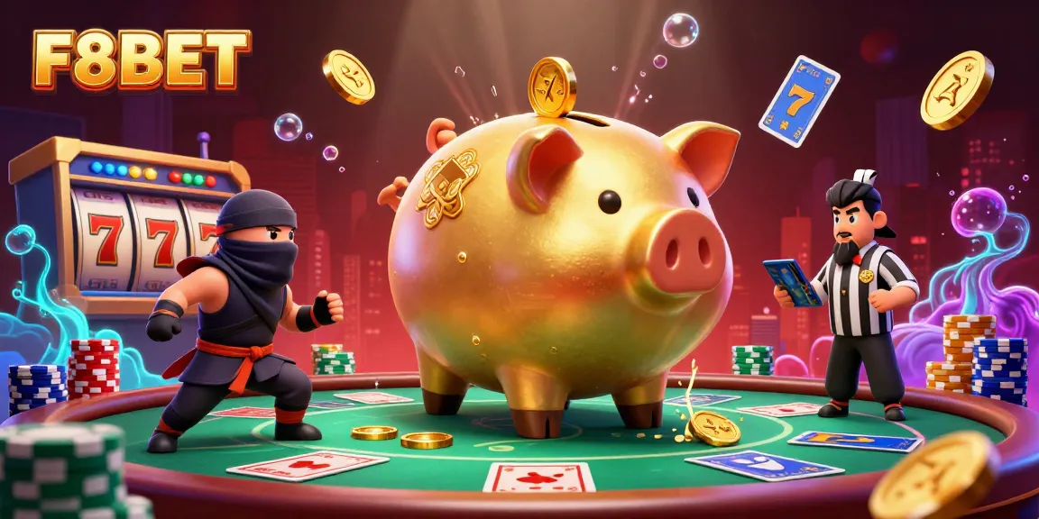 Experience thrilling gaming at F8BET with a dynamic illustration showcasing cartoon characters in a vibrant casino atmosphere