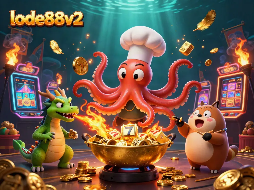 Experience exciting gameplay at lode88v2 with a dynamic illustration of a sushi chef octopus and dragon in a vibrant casino scene.
