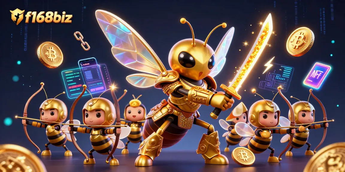 Engage in thrilling gaming adventures at f168biz with a dynamic scene of 3D characters and crypto elements.